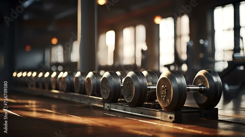 Metal Dumbbells in Blurred Gym Background - Fitness Essentials photo