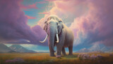 Soft pastel clouds form a fantastical backdrop for a majestic mammoth evoking a serene