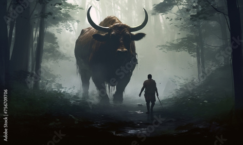 A cow cunning and fierce facing to a human in the forest photo
