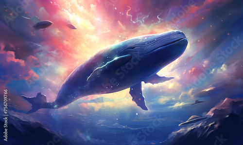 A flying whale travel the dreamlike sky embodying the essence of fantasy in a serene © SOLO PLAYER