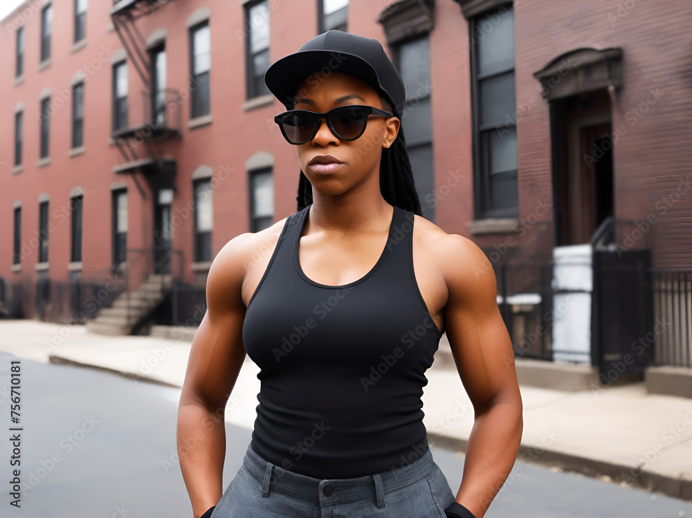 Portrait of a female african american rapper with black top tank, baseball cap and sunglasses. City buildings in the background