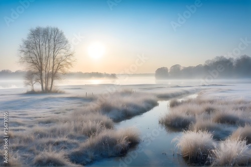 Photo of a Beautiful Wide Winter Landscape with a Small River during Sunset
