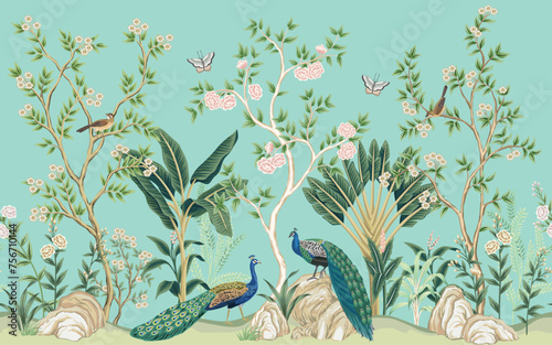 Vintage botanical garden floral tree, palm tree, peacock, birds, butterfly, plant, flower seamless border blue background. Exotic chinoiserie mural.