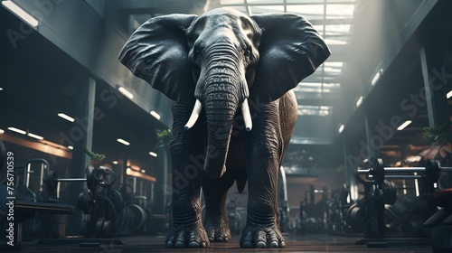 Strength Beyond Bounds: Portrait of a Strong Male Elephant in a Gym