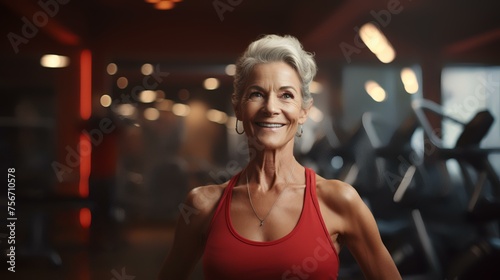 Joyful Senior: Portrait of Happy Senior Woman in Gym - Generative Art photo