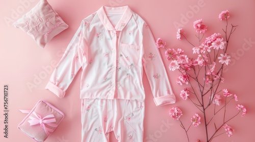 A baby girls pink outfit and accessories laid out, creating a charming and coordinated look on a matching pink background