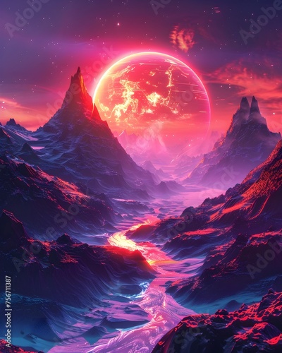 80s Synthwave Inspired Futuristic Realm Mountains Illuminated by Neon Glory