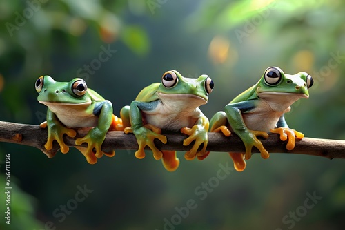 Three red tree frogs on a branch © Lalin T