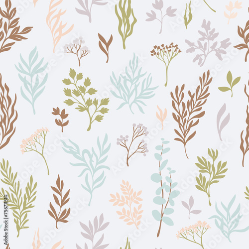 Seamless botanical pattern with elegant leaves in pastel colors