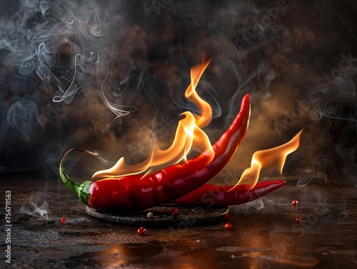 Intense Heat Fiery Red Chili Pepper Engulfed in Flames against a Mystical Smoke Backdrop
