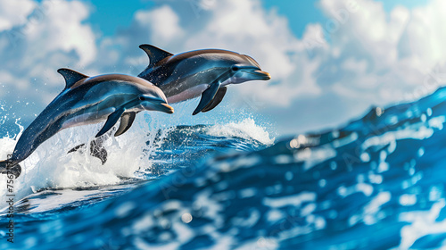 Bottlenose dolphins (Tursiops truncatus) leaping out of sea Jumping Bottlenosed Dolphins Common Dolphins leaping, Generative Ai © shehzad