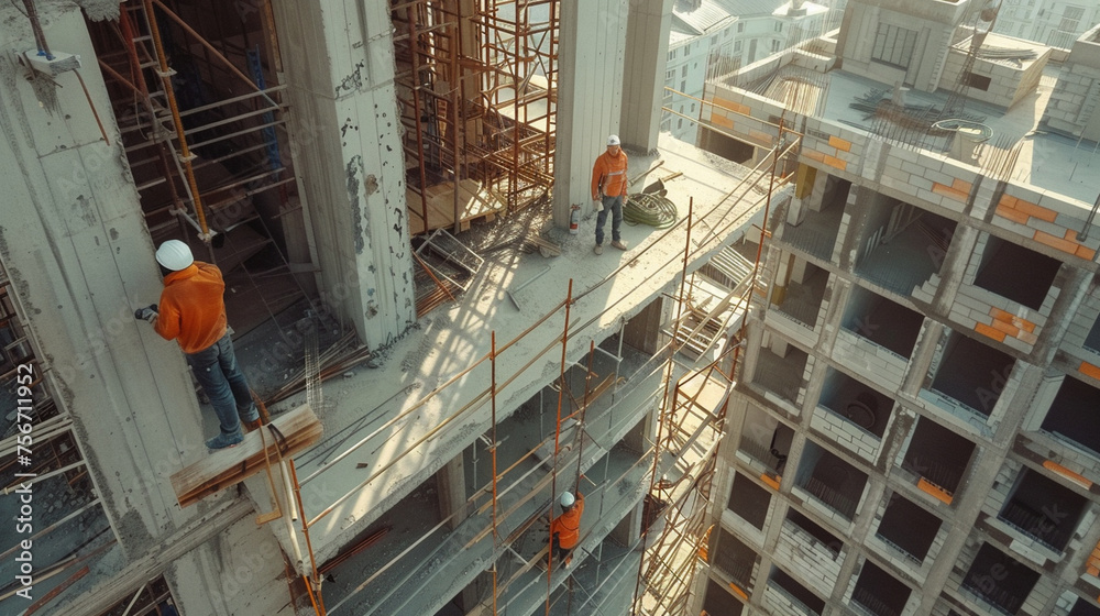 The teamwork of masons coordinating to install precast concrete panels for a high-rise building project — new technologies, various layouts of a smart home, professionalism and pun