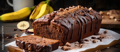A delicious loaf of chocolate banana bread, a baked goods dessert, is placed on a wooden cutting board