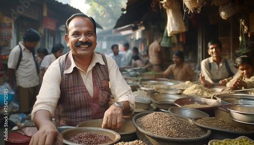 Portrait of aged calm smiling face of old Hindu Man selling a various spices in shop on the indian street market. Agriculture industry, food industry, working people and traveling concept image. photo