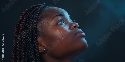 young african american woman praying to god in tears Generative AI photo