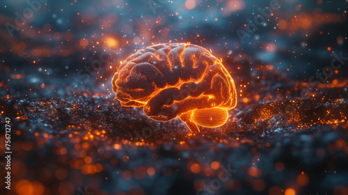 AI Cerebrum: Digital Brain Hologram and Connectivity Lines
 photo
