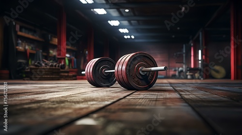 Weightlifting Fitness and Barbell on Floor of Modern Gym

 photo