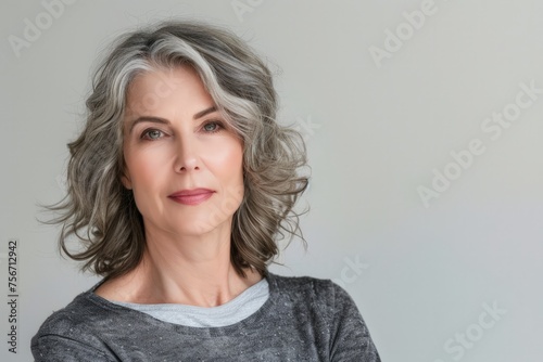 Mature woman with grey hair wearing a grey shirt, promoting skincare cosmetics concept.