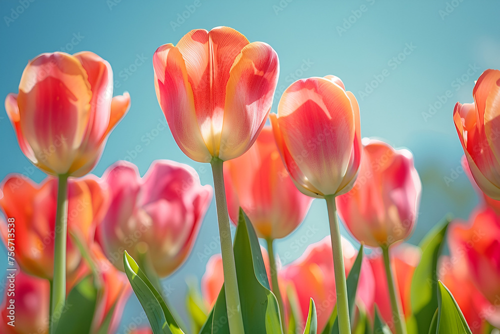 tulip, Flower beds in spring under a clear sky, tulips an Gros plan, Tulips roses sur le champ, Gros plan, Generative Ai - obrazy, fototapety, plakaty 