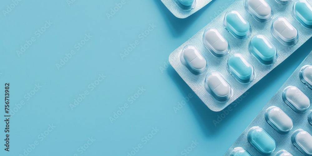 A pack of blue and white antibiotic pills sitting on a blue surface, symbolizing pharmaceutical industry, prescription drugs, and the concept of antibiotic drug resistance. - obrazy, fototapety, plakaty 