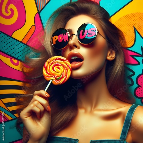 Fashionable young woman with lollipops on colorful background.