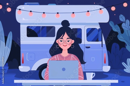 woman working on her laptop outside of her camper van at night WFH © Charlie
