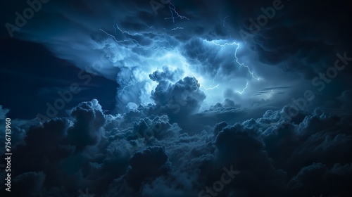 Dark of stormy sky with multiple cloud to ground lightning strikes. © Damerfie