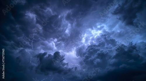 Dark of stormy sky with multiple cloud to ground lightning strikes.