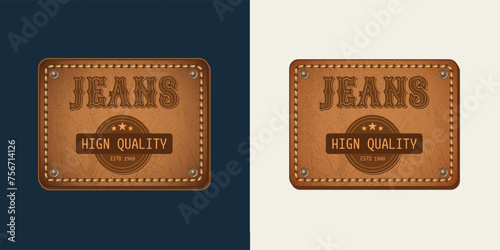 Leather textured belt label with text, topstitching, rivets. Detailed vintage illustration on dark, white background. Design element for denim style