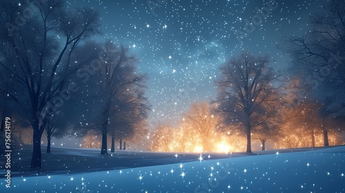night scene with a snowy field and trees with stars in the sky © Damerfie