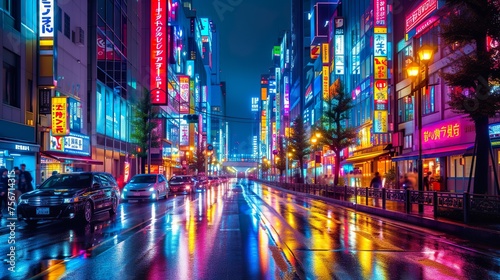 A night of the neon street at the downtown wide shot. Shinjuku district Tokyo Japan. It is center of the city in Tokyo.