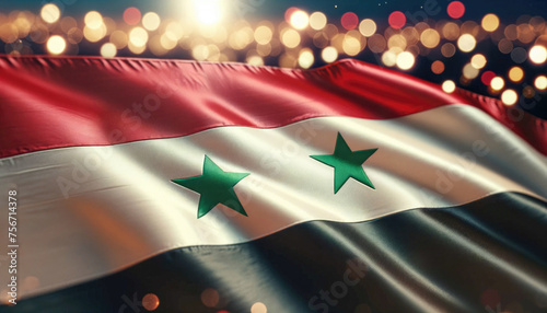 The national flag of Syria displayed with a celebratory backdrop of warm bokeh lights. photo