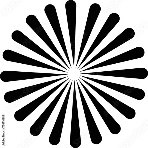 Sunburst element radial stripes or sunburst backgrounds icons of rays design. Retro stars black vector isolated on transparent. Editable stock flat geometric sunburst symbol.