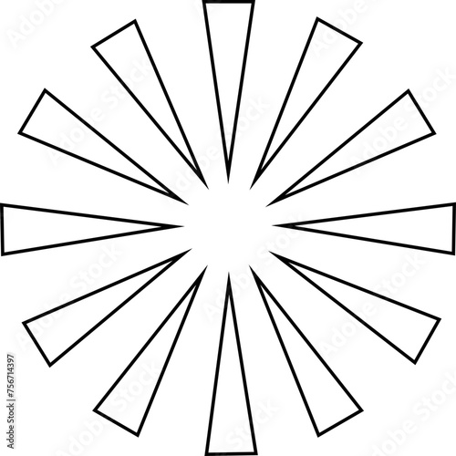 Sunburst element radial stripes or sunburst backgrounds icons of rays design. Retro stars black line vector isolated on transparent. Editable stock geometric sunburst symbol.