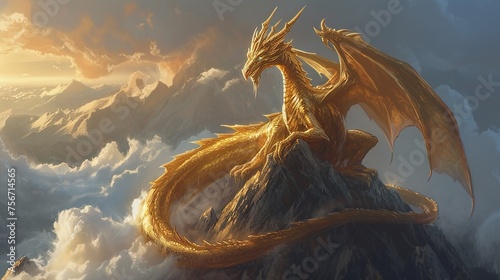 mighty golden dragon sits above the clouds on rooftop of mountain