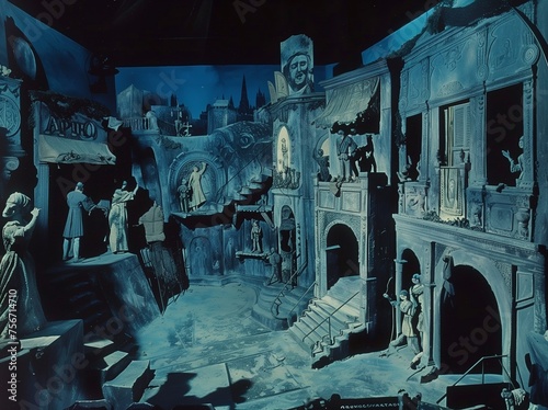 High-angle surreal blue-tinted photograph of an avant-garde stage set with statues, niches, and stairs. From the series “Recurring Dreams.