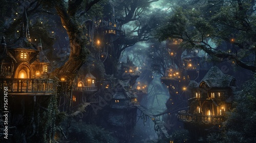 A fantasy scene of a hidden elven city in an ancient forest, with magical treehouses and glowing lights. Resplendent. © Summit Art Creations