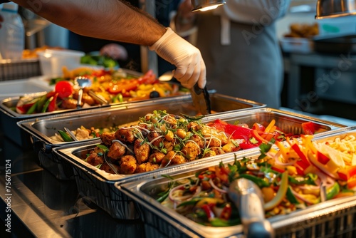 Eco-Friendly Street Food Fiesta: Biodegradable Packaging and Locally Sourced Ingredients – This image focuses on the environmentally conscious aspect of street food, with vendors serving delicious,