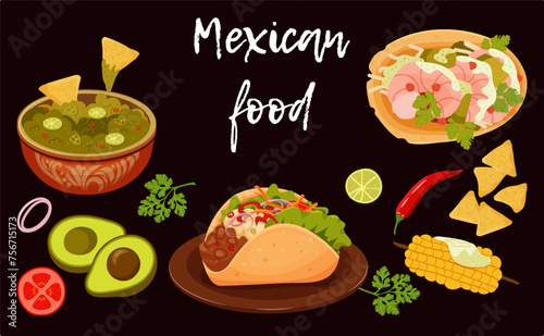 Set of simple mexican traditional food and elements; creative and flat style; black background.Vector illustration