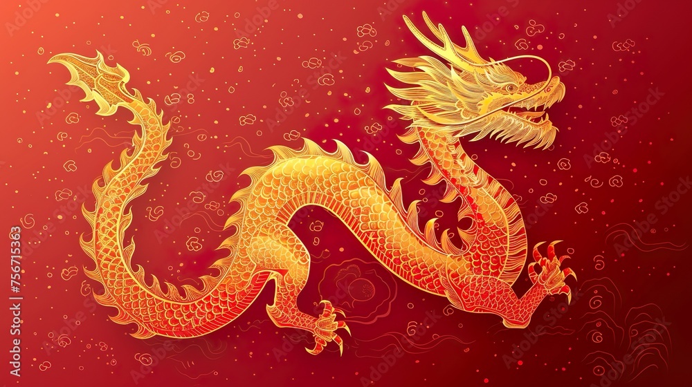 Obraz premium Oriental traditional Dragon artwork on red background. Lunar New Year Celebration