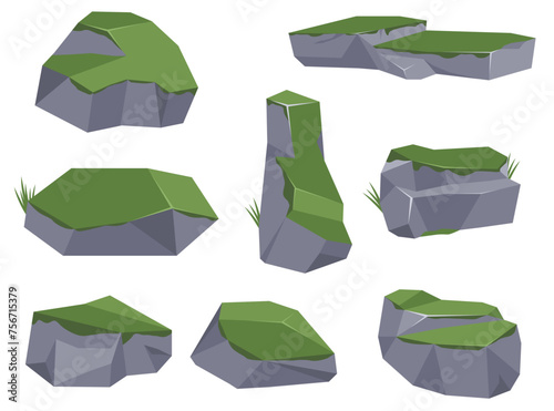 Rock stone set cartoon. Cartoon game art rocks and stones. Stones boulder, gravel rubble and pile of rocks cartoon isolated vector illustration EPS10