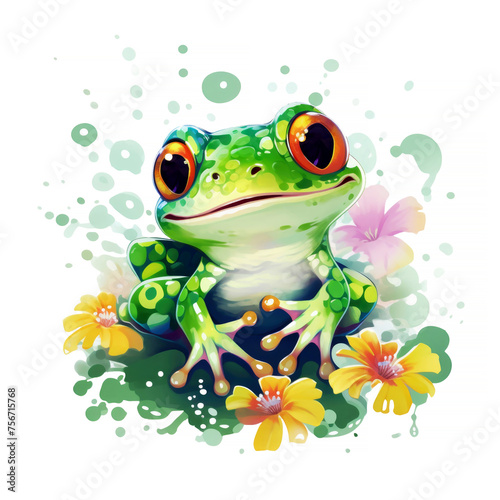 Joyful Green Frog with Yellow Flowers