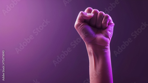 A woman hand on a pink background and inscription Girl power Image of women hand in first surrounded with drawing stars and wrapped withribbon with inscription over violet Girls Power. Generative Ai