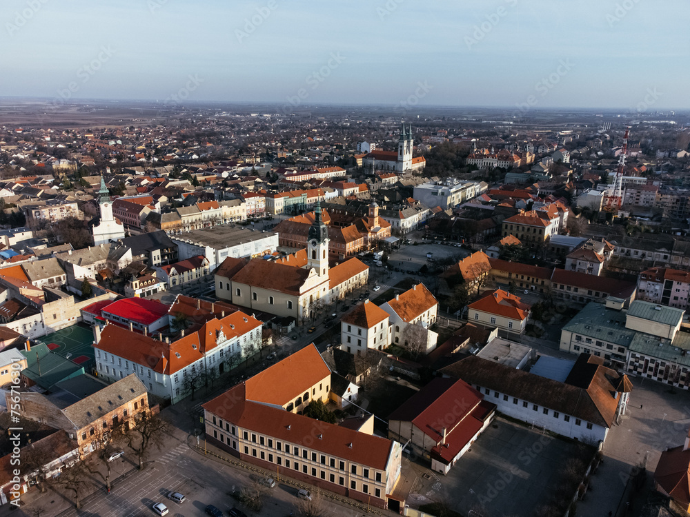 Obraz premium Drone view of Sombor town, square and architecture, Vojvodina region of Serbia, Europe.