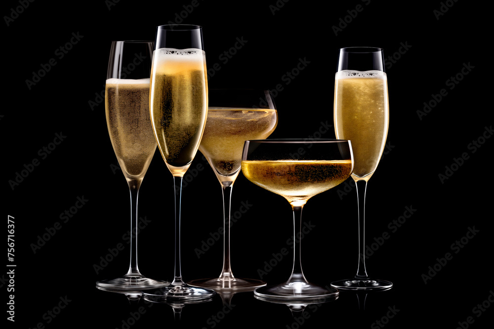 Set of crystal-clear flute glass of champagne isolated on black background