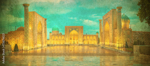 Grunge image of Registan square, Samarkand, Uzbekistan with three madrasahs: Ulugh Beg, Tilya Kori and Sher-Dor Madrasah..