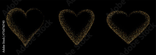 Gold glitter heart frame set. Luxury shimmer heart shape
