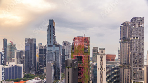 Aerial view of Chinatown and Downtown of Singapore in the evening timelapse