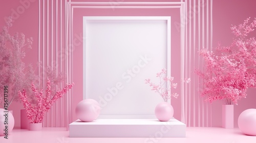 Empty neutral pink textured podium stage background with abstract lifestyle sunlight shadows. Template for business brand product showcase, sustainable aesthetic backdrop