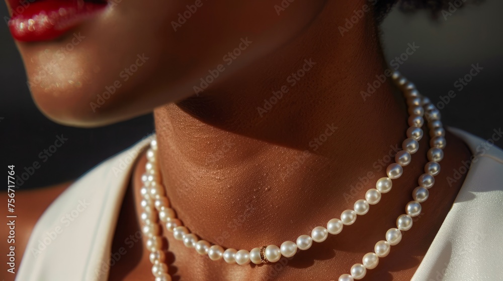 pearl beads on the neck.